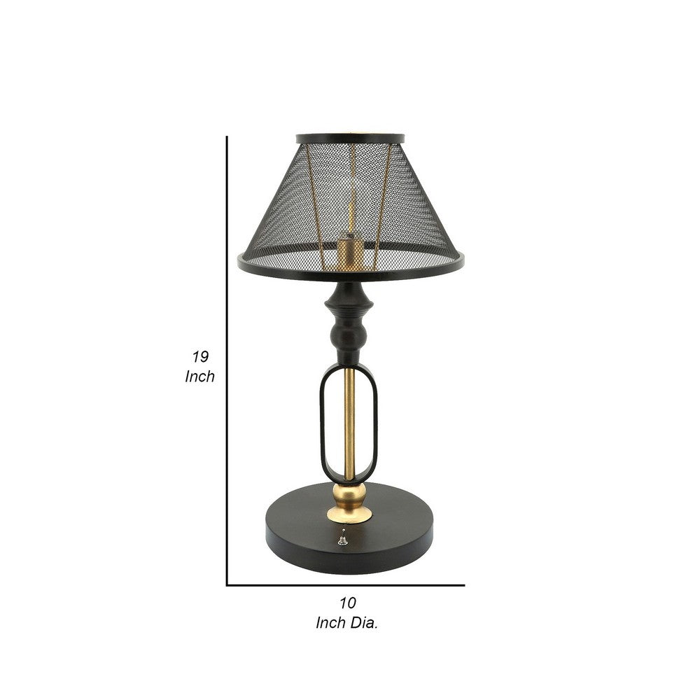 19 Inch Table Lamp, Round Metal Mesh Shade, Hollow Body, Black, Gold Stand