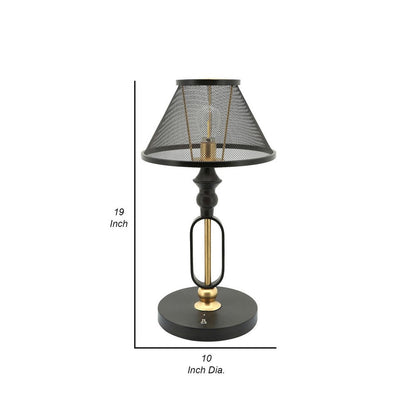 19 Inch Table Lamp, Round Metal Mesh Shade, Hollow Body, Black, Gold Stand
