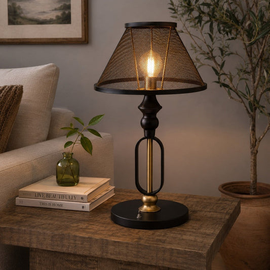 19 Inch Table Lamp, Round Metal Mesh Shade, Hollow Body, Black, Gold Stand