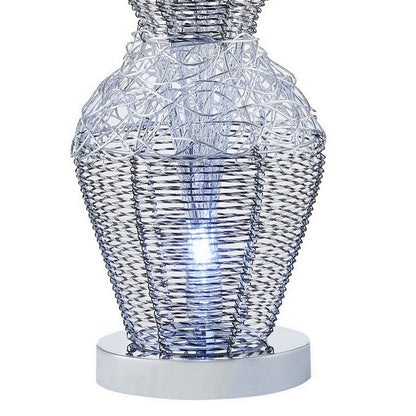 32 Inch Accent Table Lamp, Metal Flowers with Vase Design, Chrome Finish