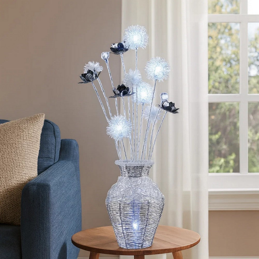 32 Inch Accent Table Lamp, Metal Flowers with Vase Design, Chrome Finish