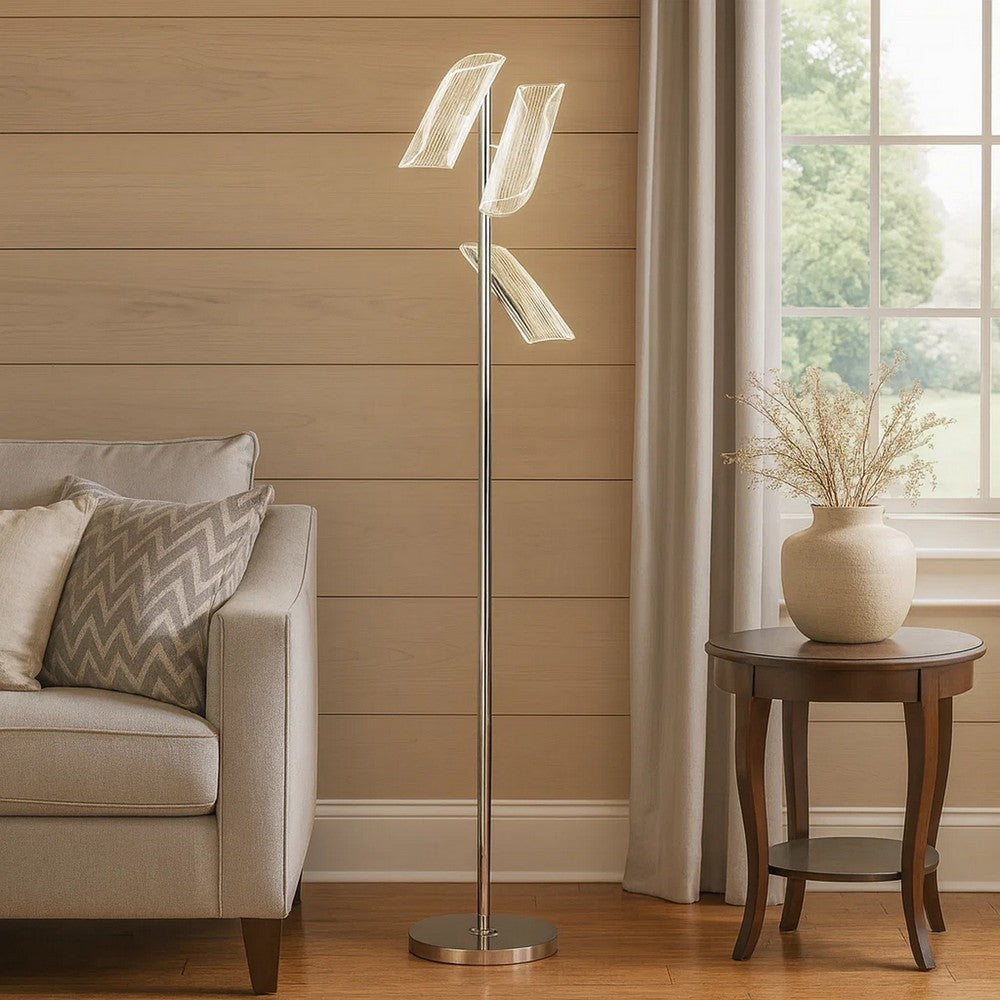 Spark 62 Inch Floor Lamp, 3 Cylindrical Glass Shades, Bright Nickel, Silver