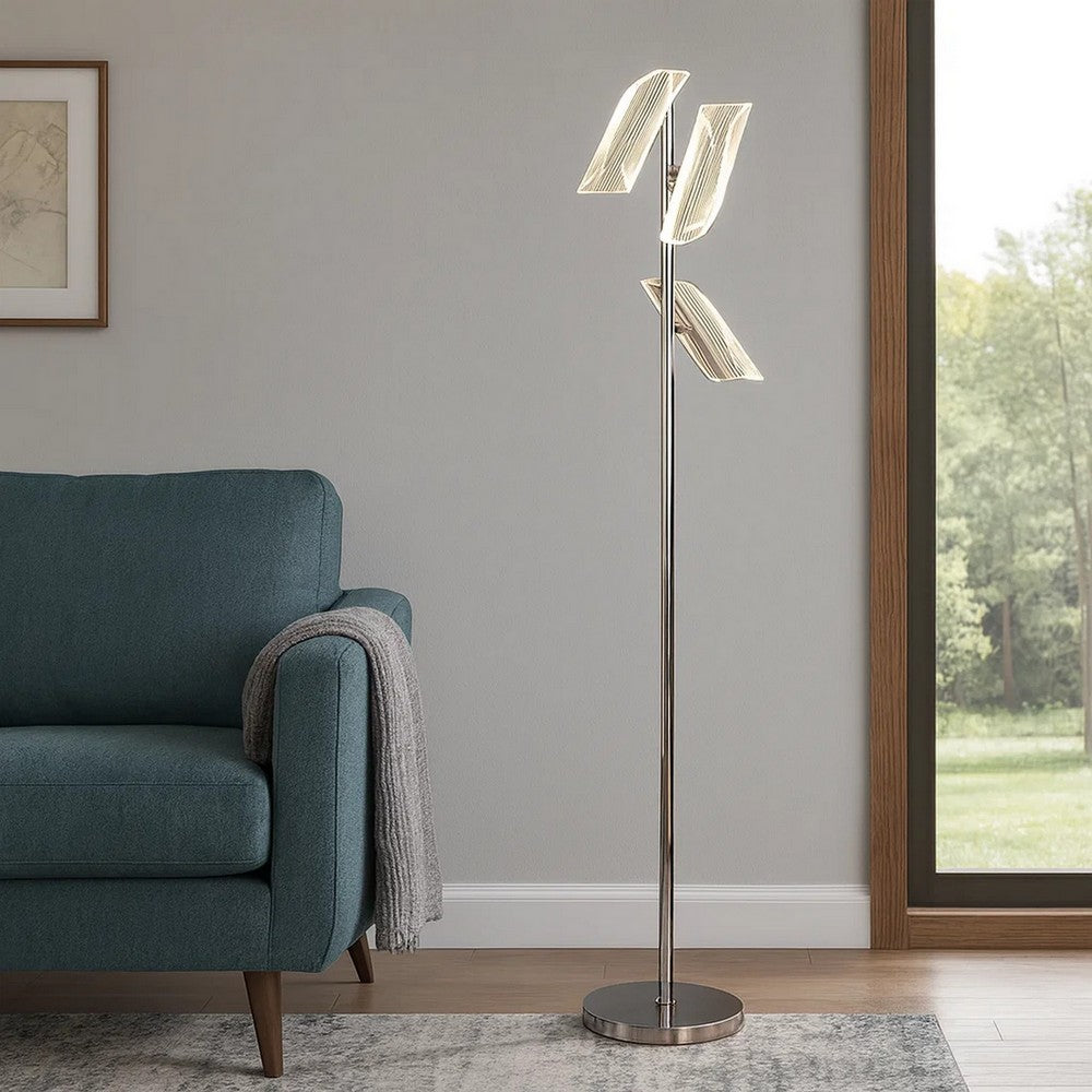 Spark 62 Inch Floor Lamp, 3 Cylindrical Glass Shades, Bright Nickel, Silver
