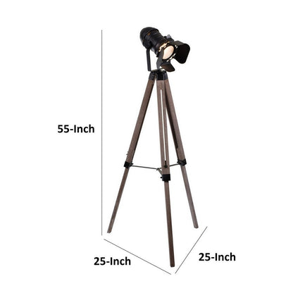 55 Inch Floor Lamp with Tripod Style Wood Frame, Spotlight, Brown and Black