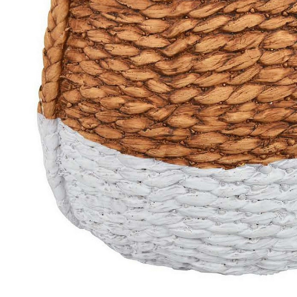 Reno 15 Inch Planter, Rope Woven Design, White and Brown Finished Resin