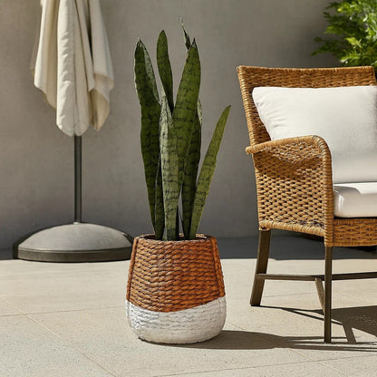 Reno 15 Inch Planter, Rope Woven Design, White and Brown Finished Resin