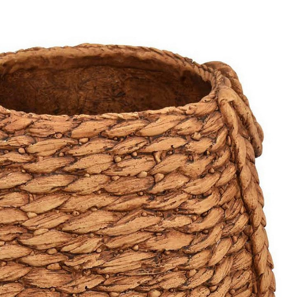 Reno 12 Inch Planter, Rope Woven Design, White and Brown Finished Resin