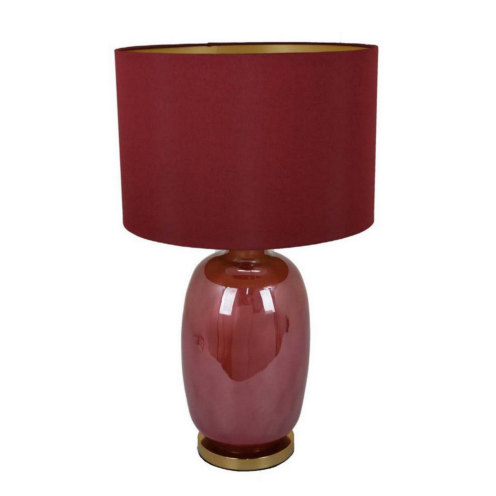 Gia 25 Inch Table Lamp, Drum Shade, Vase Shape Glass Body, Red Finish