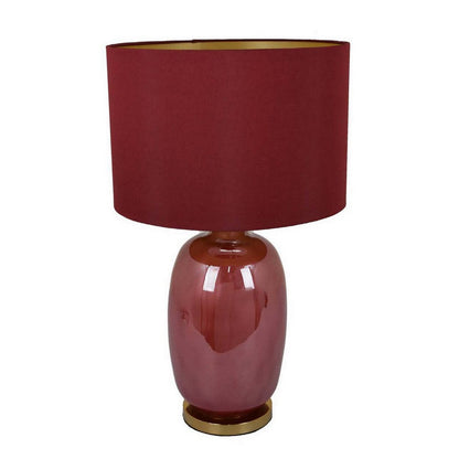 Gia 25 Inch Table Lamp, Drum Shade, Vase Shape Glass Body, Red Finish