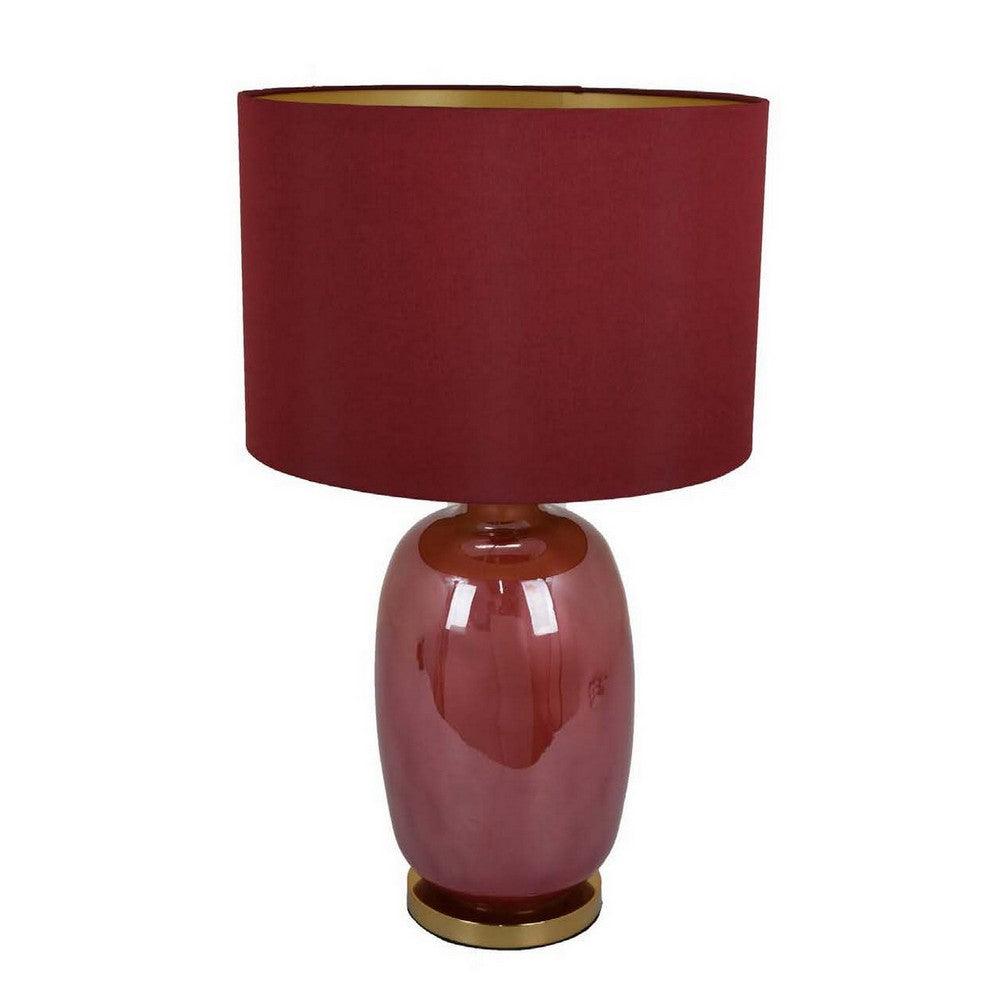 Gia 25 Inch Table Lamp, Drum Shade, Vase Shape Glass Body, Red Finish