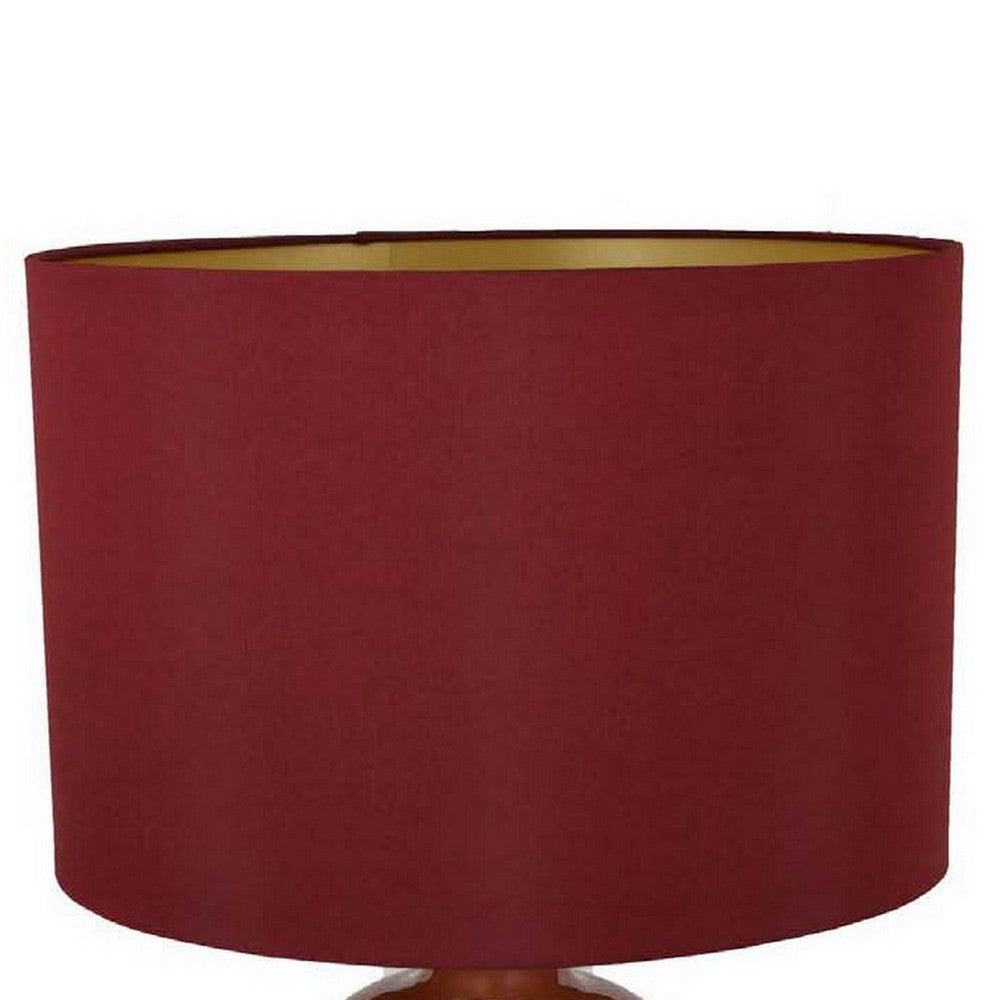 Gia 25 Inch Table Lamp, Drum Shade, Vase Shape Glass Body, Red Finish