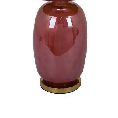 Gia 25 Inch Table Lamp, Drum Shade, Vase Shape Glass Body, Red Finish