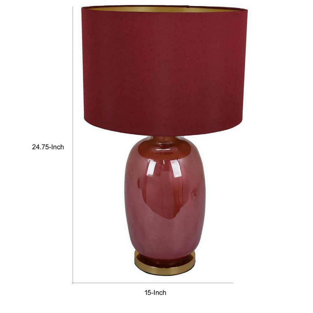 Gia 25 Inch Table Lamp, Drum Shade, Vase Shape Glass Body, Red Finish