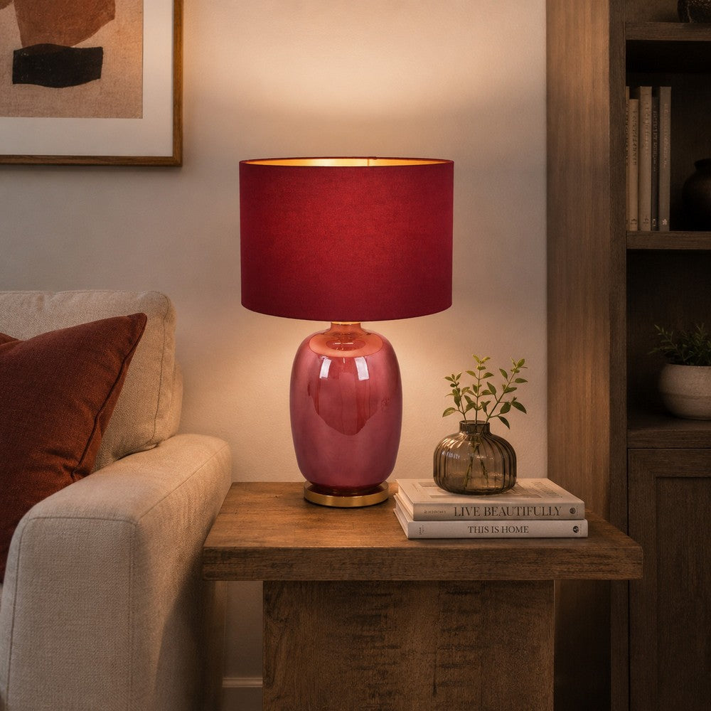 Gia 25 Inch Table Lamp, Drum Shade, Vase Shape Glass Body, Red Finish