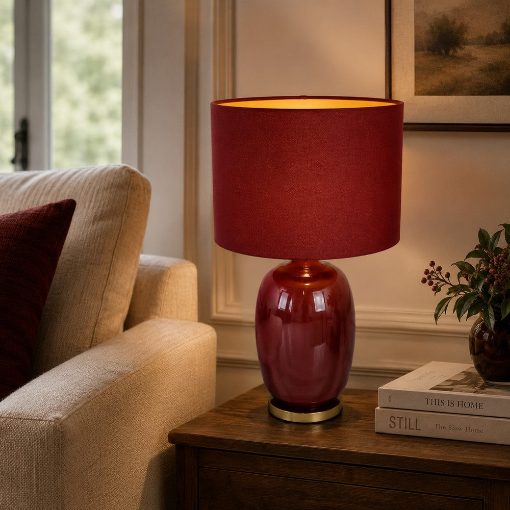 Gia 25 Inch Table Lamp, Drum Shade, Vase Shape Glass Body, Red Finish