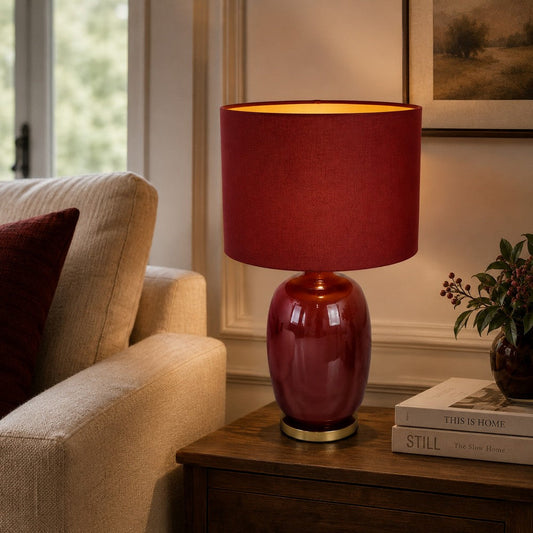 Gia 25 Inch Table Lamp, Drum Shade, Vase Shape Glass Body, Red Finish