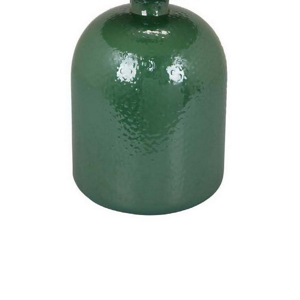 27 Inch Table Lamp, Drum Shade, Round Drop Shaped Glass Body, Green Finish