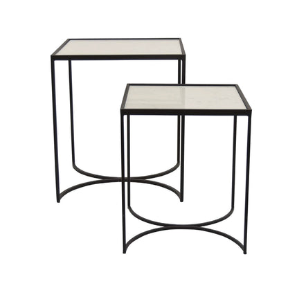 24 Inch Plant Stands Set of 2, White Marble Top, Minimalist Black Frame