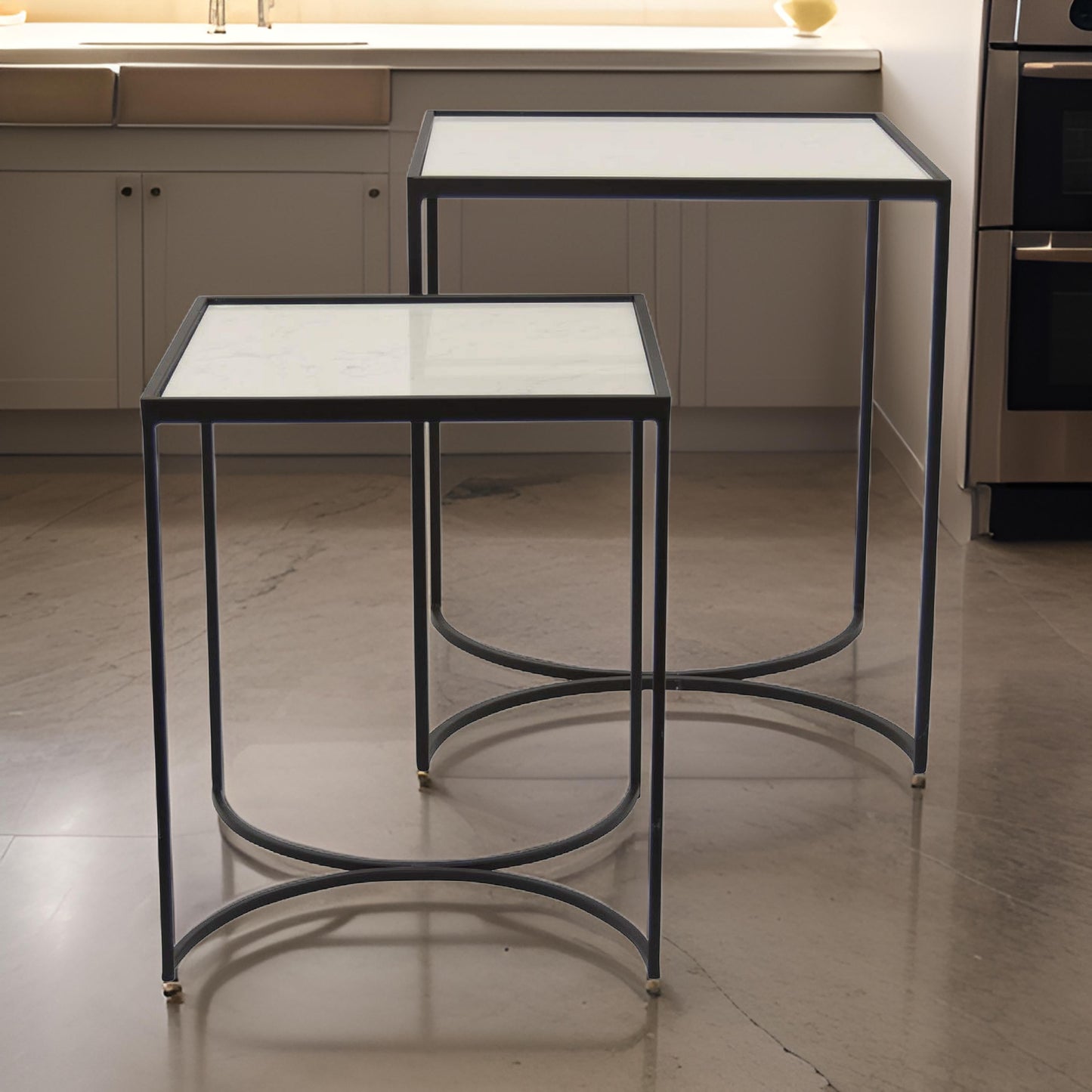 24 Inch Plant Stands Set of 2, White Marble Top, Minimalist Black Frame