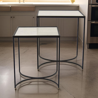 24 Inch Plant Stands Set of 2, White Marble Top, Minimalist Black Frame