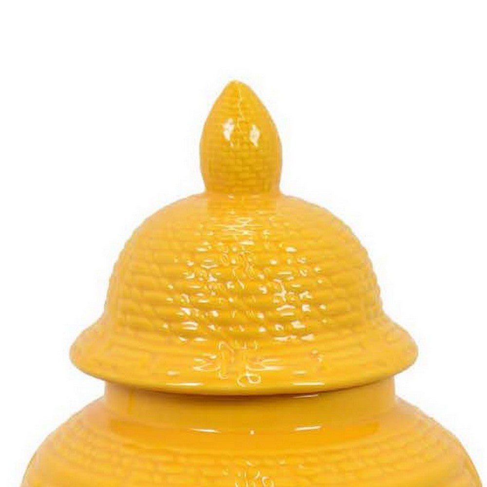 Bryan 18 Inch Ceramic Temple Jar, Geometric Print, Finial Top, Yellow