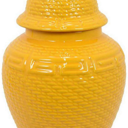 Bryan 18 Inch Ceramic Temple Jar, Geometric Print, Finial Top, Yellow