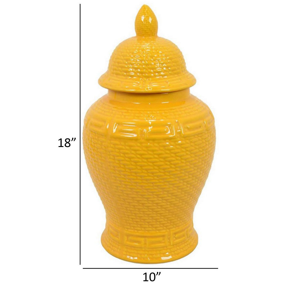Bryan 18 Inch Ceramic Temple Jar, Geometric Print, Finial Top, Yellow