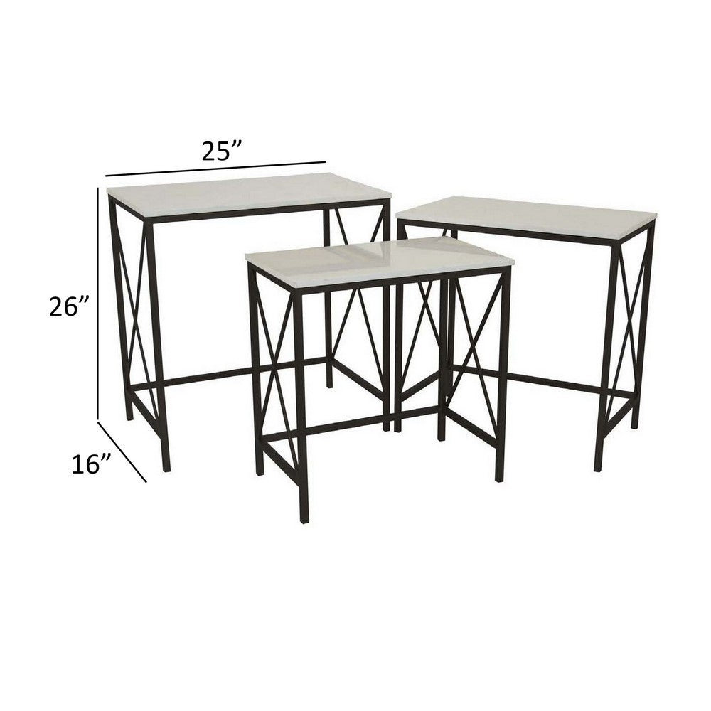 Zoe Plant Stand Table Set of 3, Metal, Rectangular Marble Top, Black Metal
