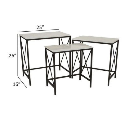 Zoe Plant Stand Table Set of 3, Metal, Rectangular Marble Top, Black Metal