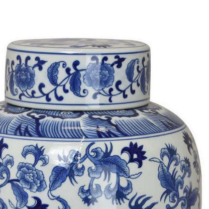 Gloomy 15 Inch Decorative Jar, Ceramic Frame, Blue and White Floral Print
