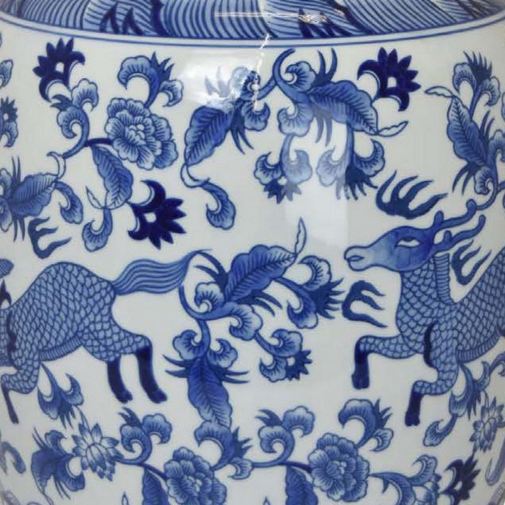 Gloomy 15 Inch Decorative Jar, Ceramic Frame, Blue and White Floral Print