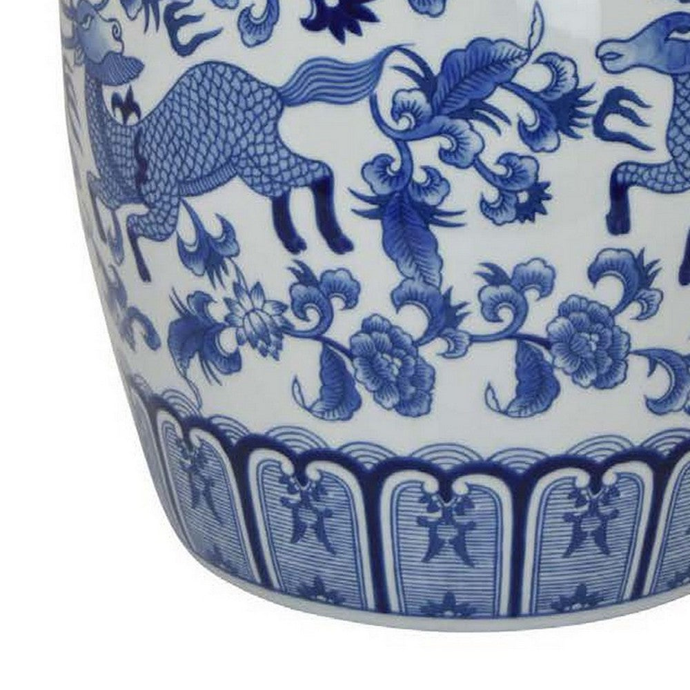 Gloomy 15 Inch Decorative Jar, Ceramic Frame, Blue and White Floral Print