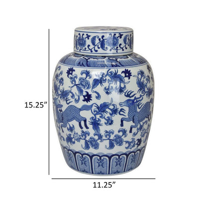 Gloomy 15 Inch Decorative Jar, Ceramic Frame, Blue and White Floral Print