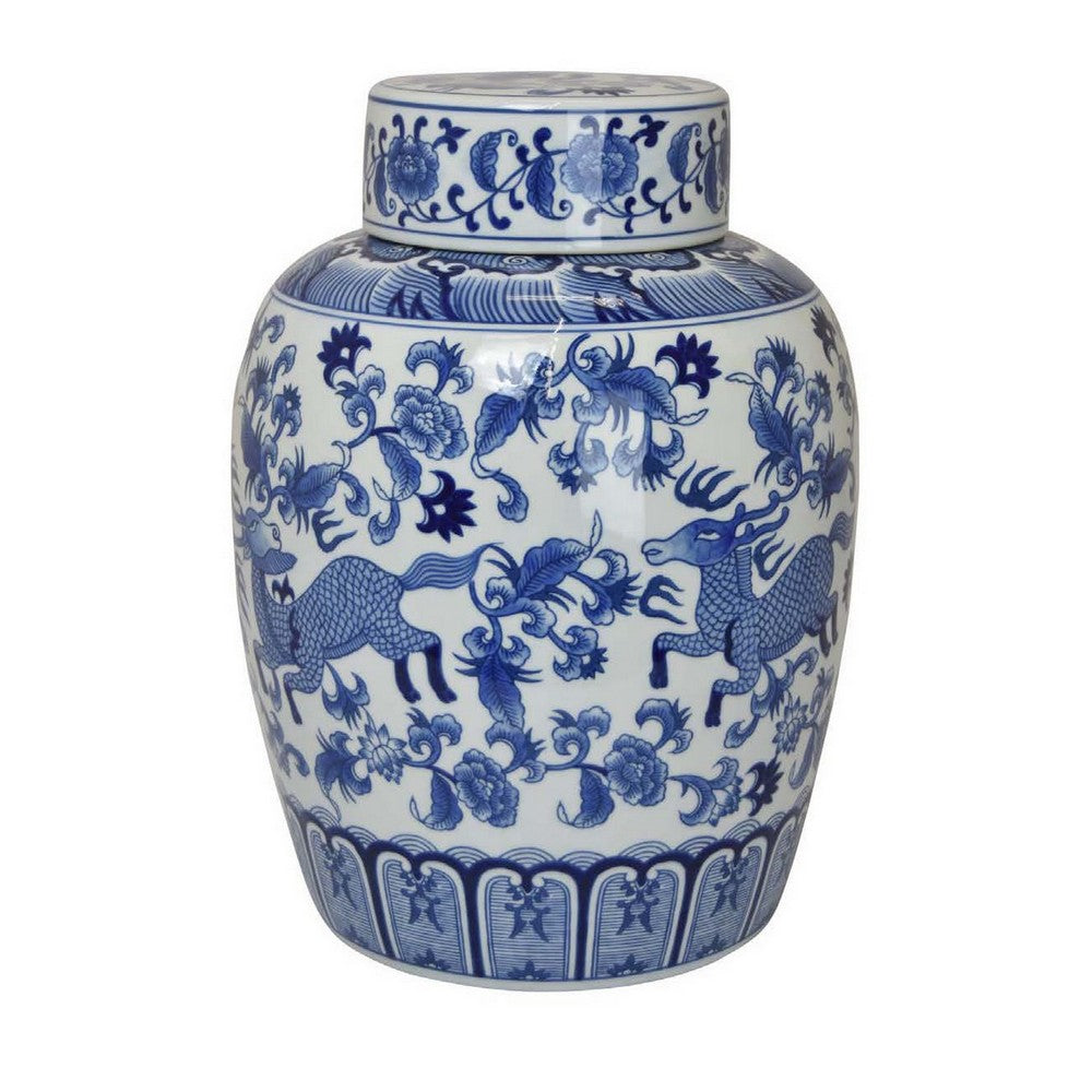 Gloomy 15 Inch Decorative Jar, Ceramic Frame, Blue and White Floral Print