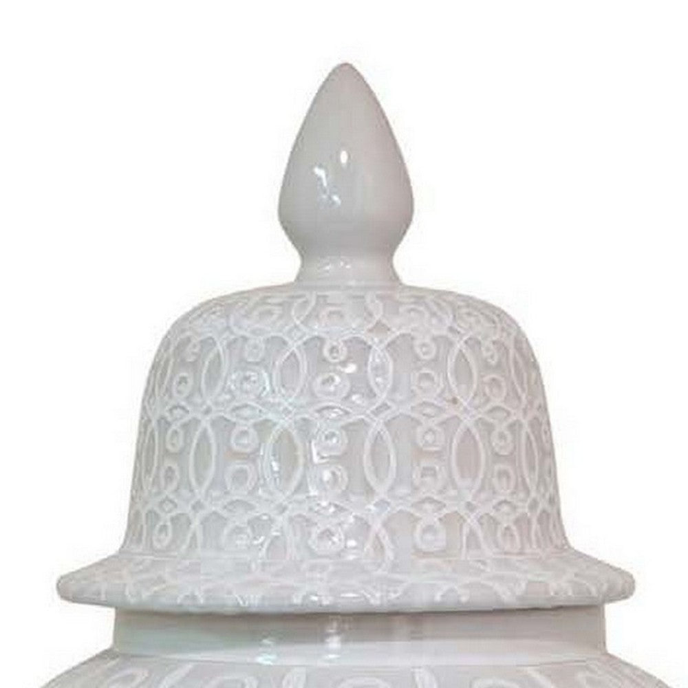 Deni 33 Inch Temple Jar, Removable Lid, Carved Pattern, Ceramic, White