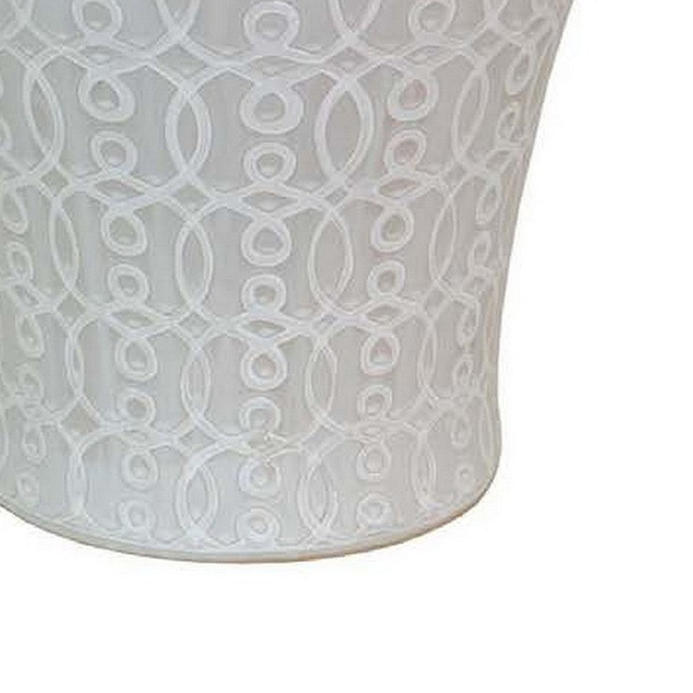 Deni 33 Inch Temple Jar, Removable Lid, Carved Pattern, Ceramic, White