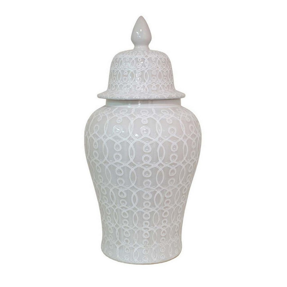 Deni 33 Inch Temple Jar, Removable Lid, Carved Pattern, Ceramic, White