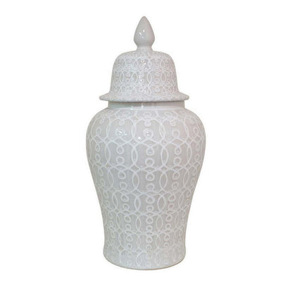 Deni 33 Inch Temple Jar, Removable Lid, Carved Pattern, Ceramic, White