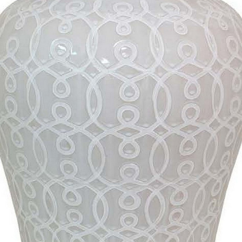 Deni 33 Inch Temple Jar, Removable Lid, Carved Pattern, Ceramic, White