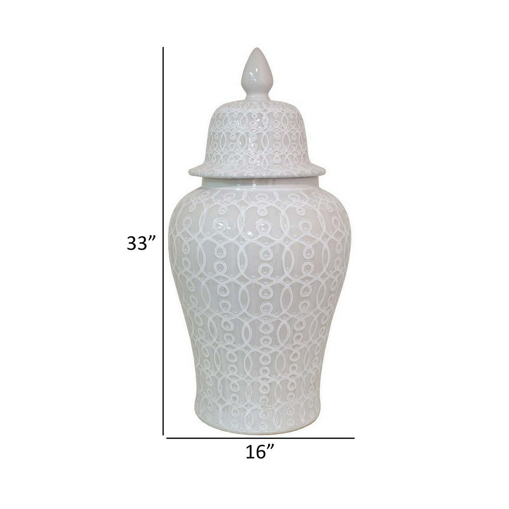 Deni 33 Inch Temple Jar, Removable Lid, Carved Pattern, Ceramic, White