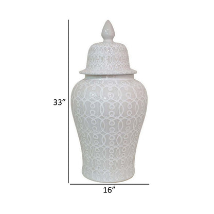 Deni 33 Inch Temple Jar, Removable Lid, Carved Pattern, Ceramic, White