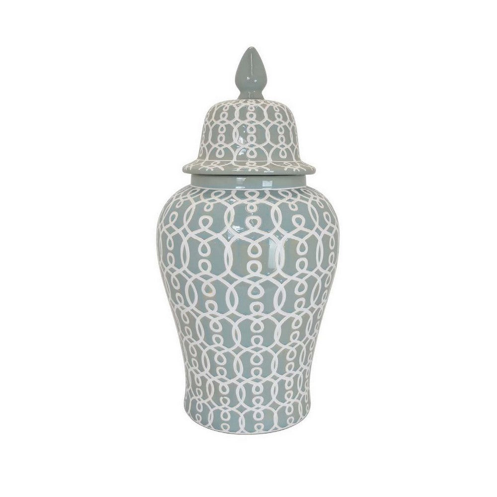 Deni 33 Inch Temple Jar, Removable Lid, Carved Pattern, Ceramic, Mint Green