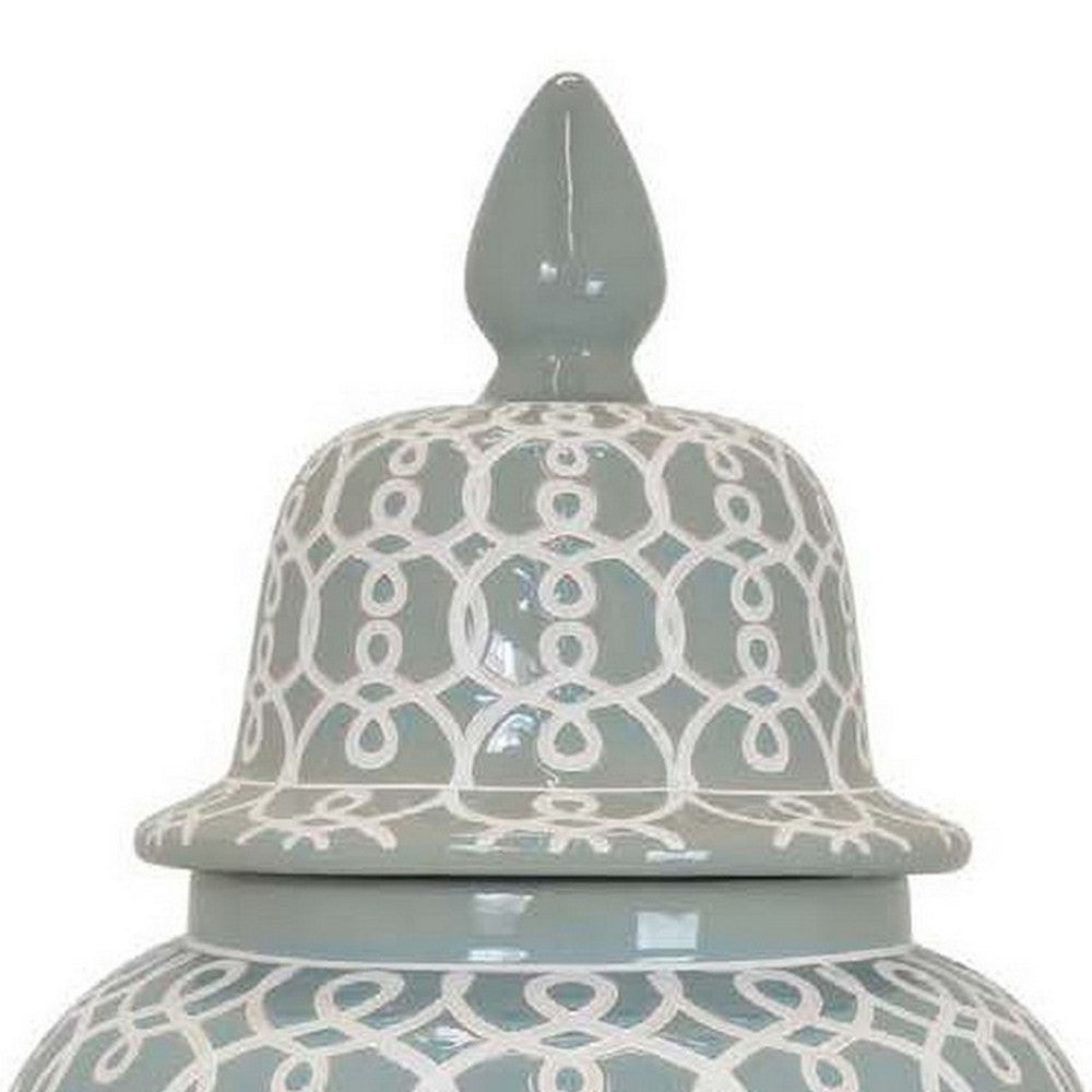 Deni 33 Inch Temple Jar, Removable Lid, Carved Pattern, Ceramic, Mint Green
