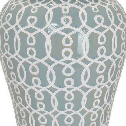 Deni 33 Inch Temple Jar, Removable Lid, Carved Pattern, Ceramic, Mint Green