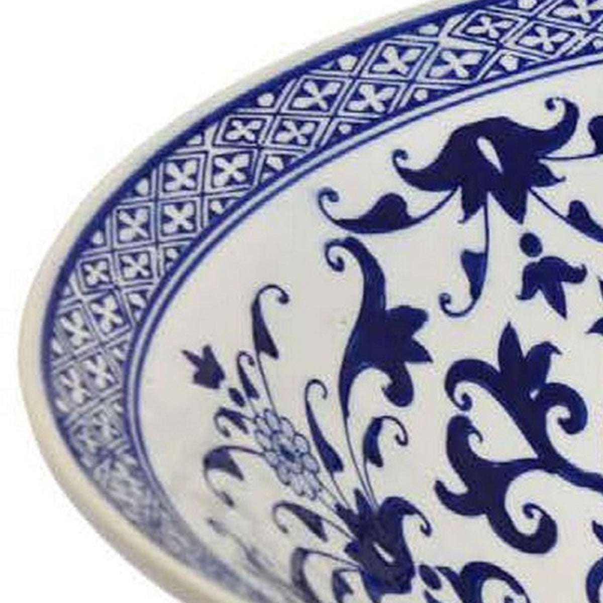 Cherry 16 Inch Decorative Bowl, Ceramic, Floral Design, Blue and White
