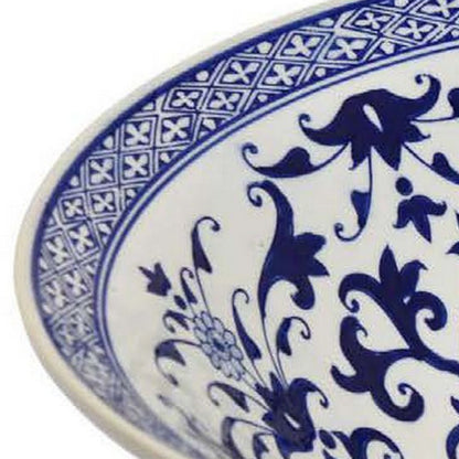 Cherry 16 Inch Decorative Bowl, Ceramic, Floral Design, Blue and White