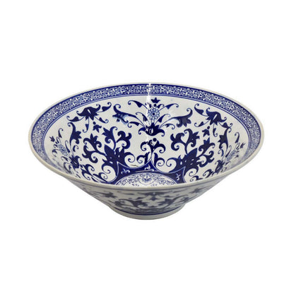 Cherry 16 Inch Decorative Bowl, Ceramic, Floral Design, Blue and White