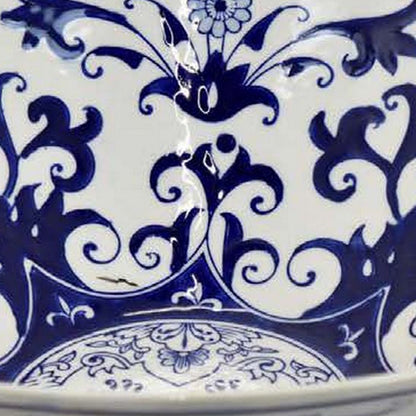 Cherry 16 Inch Decorative Bowl, Ceramic, Floral Design, Blue and White