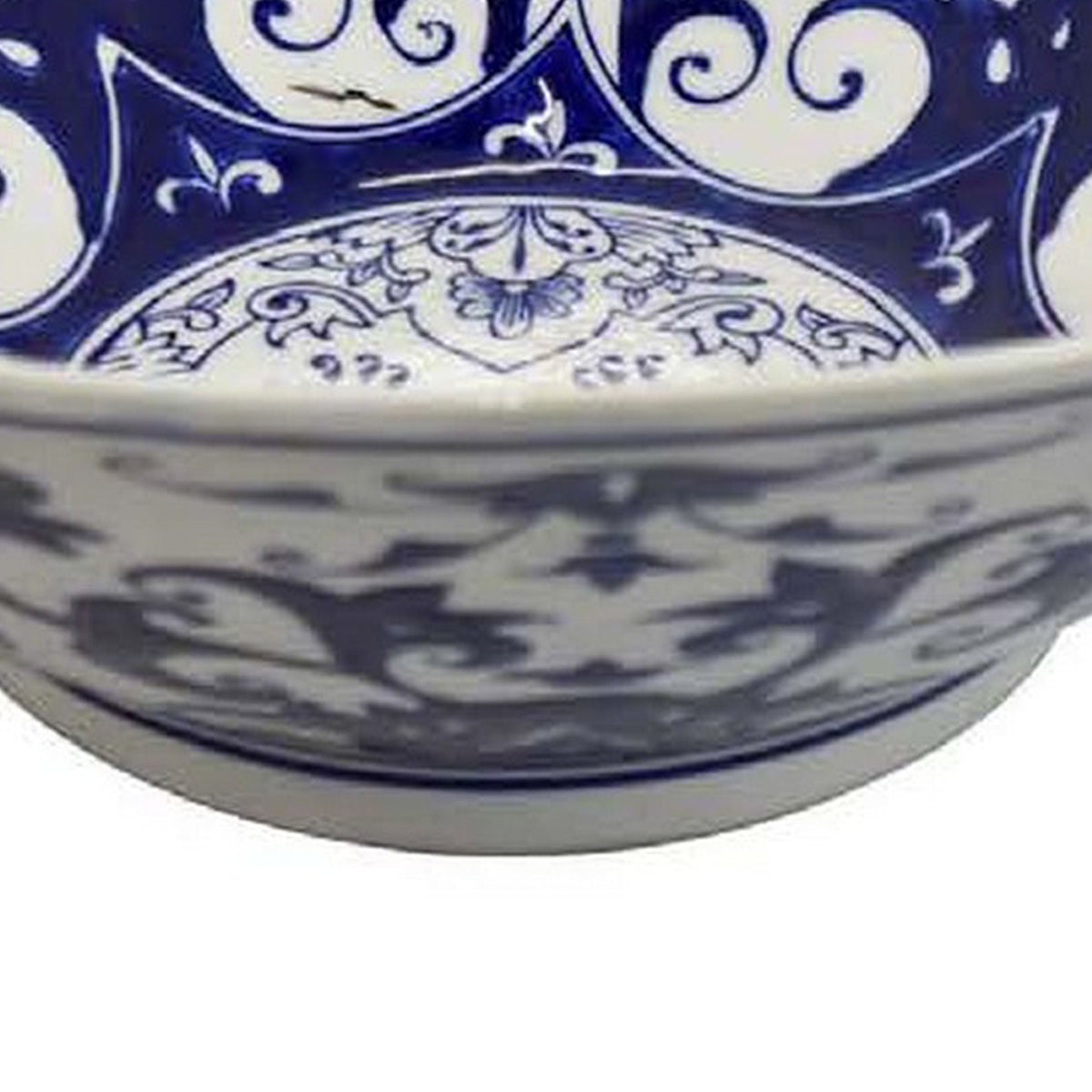 Cherry 16 Inch Decorative Bowl, Ceramic, Floral Design, Blue and White