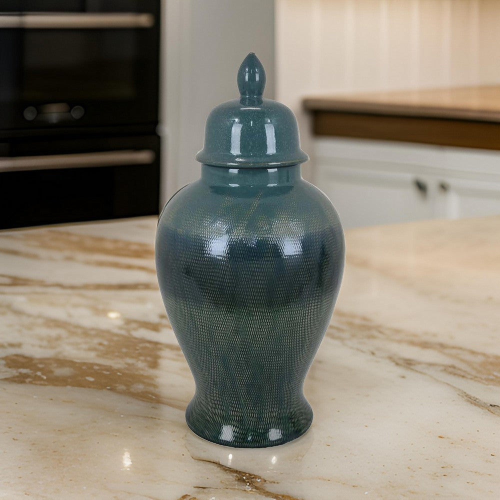 Caty 20 Inch Temple Jar, Finial Dome Lids, Classic, Ceramic, Green Finish